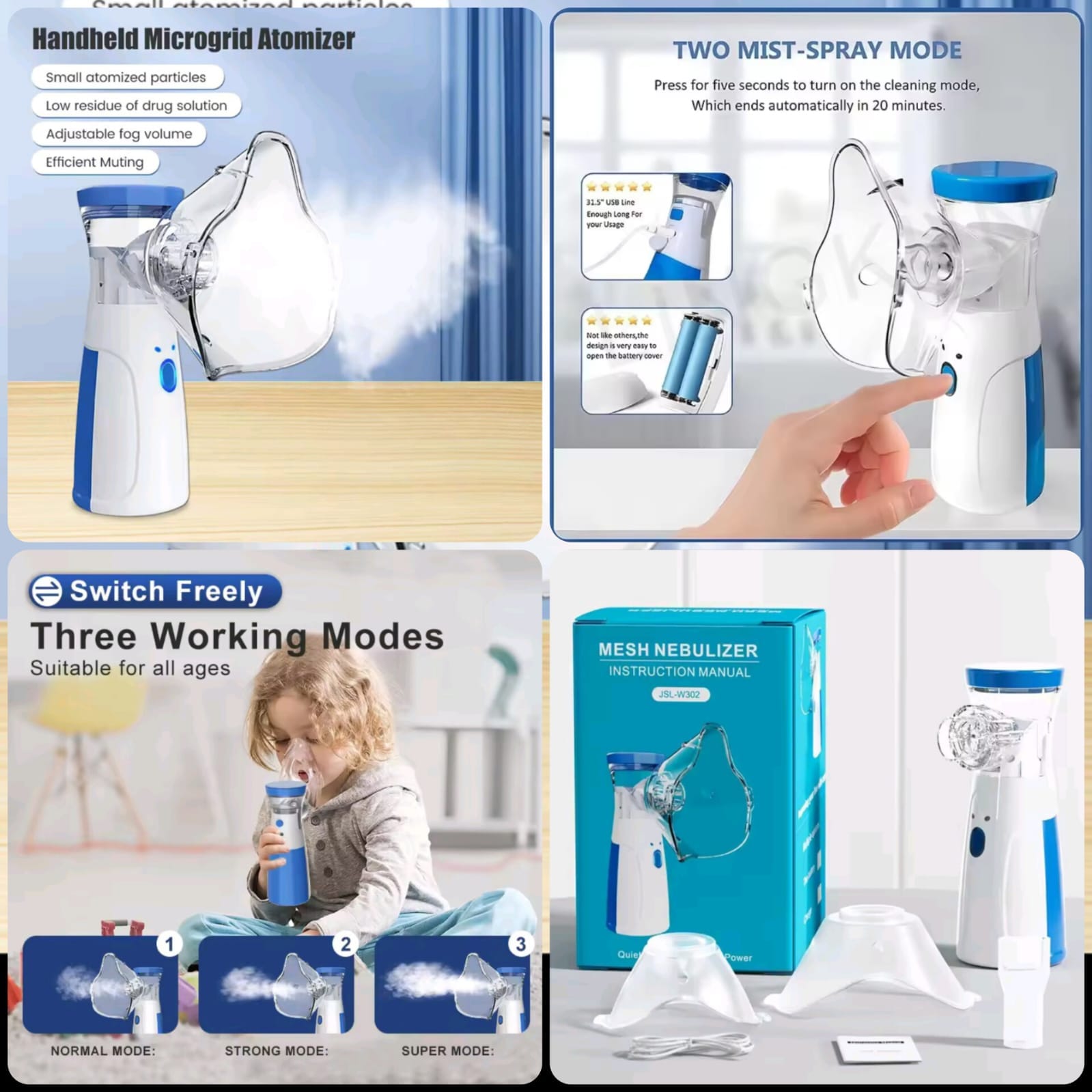 Portable Mesh Nebulizer Machine JSL-W302 with Masks & Mini Inhaler for Kids & Adults
